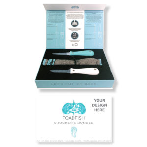 Toadfish Custom Engraved Shucker’s Bundle – Teal Put ‘Em Back Oyster Knife, Professional Oyster Knife & Cut-Proof Shucking Cloth – Knifes Are NOT Engraved (MINIMUM ORDER QUANTITY OF 25)