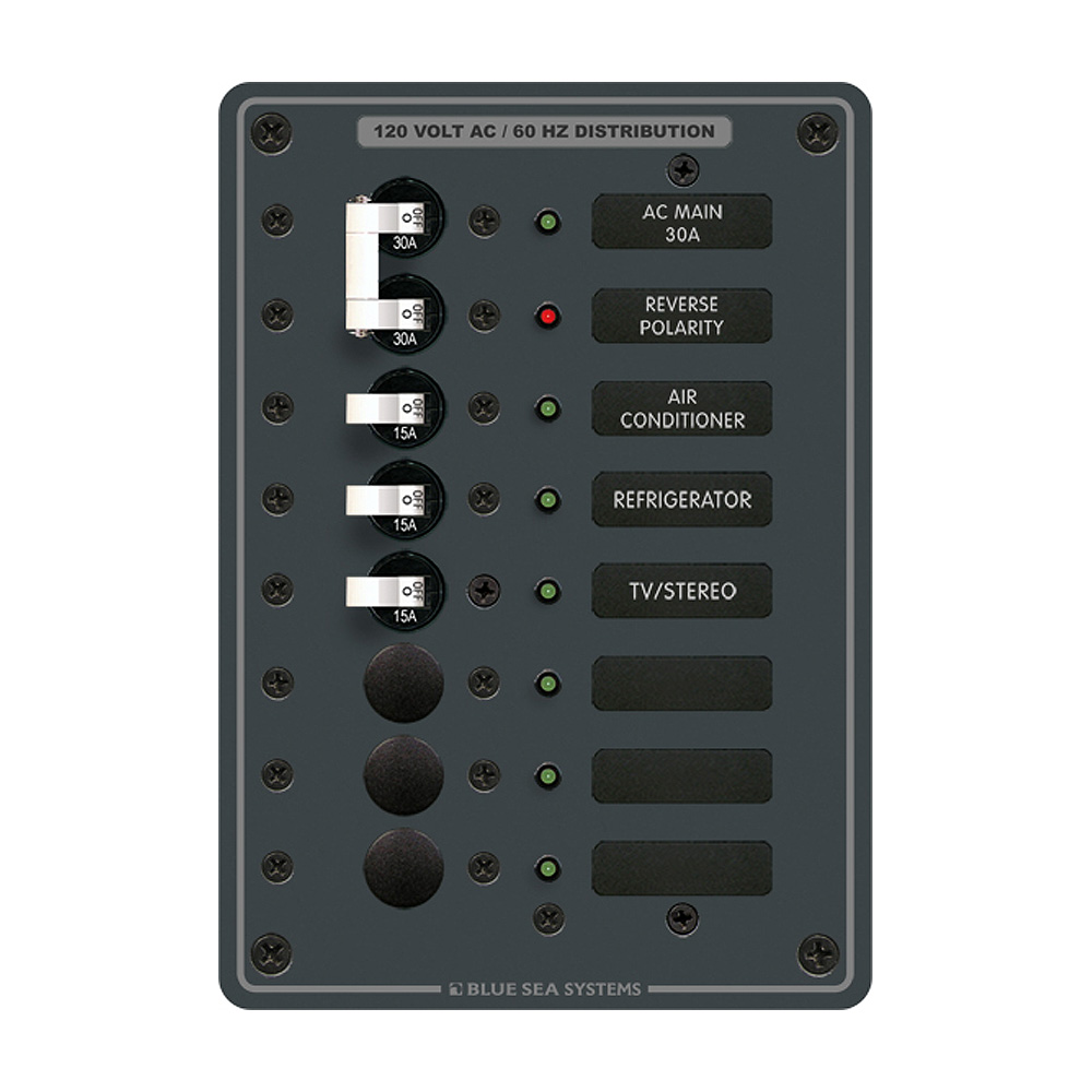 Blue Sea 8027 AC Main +6 Position Breaker Panel – White Switches Blue Sea 8027 AC Main +6 Position Breaker Panel – White Switches