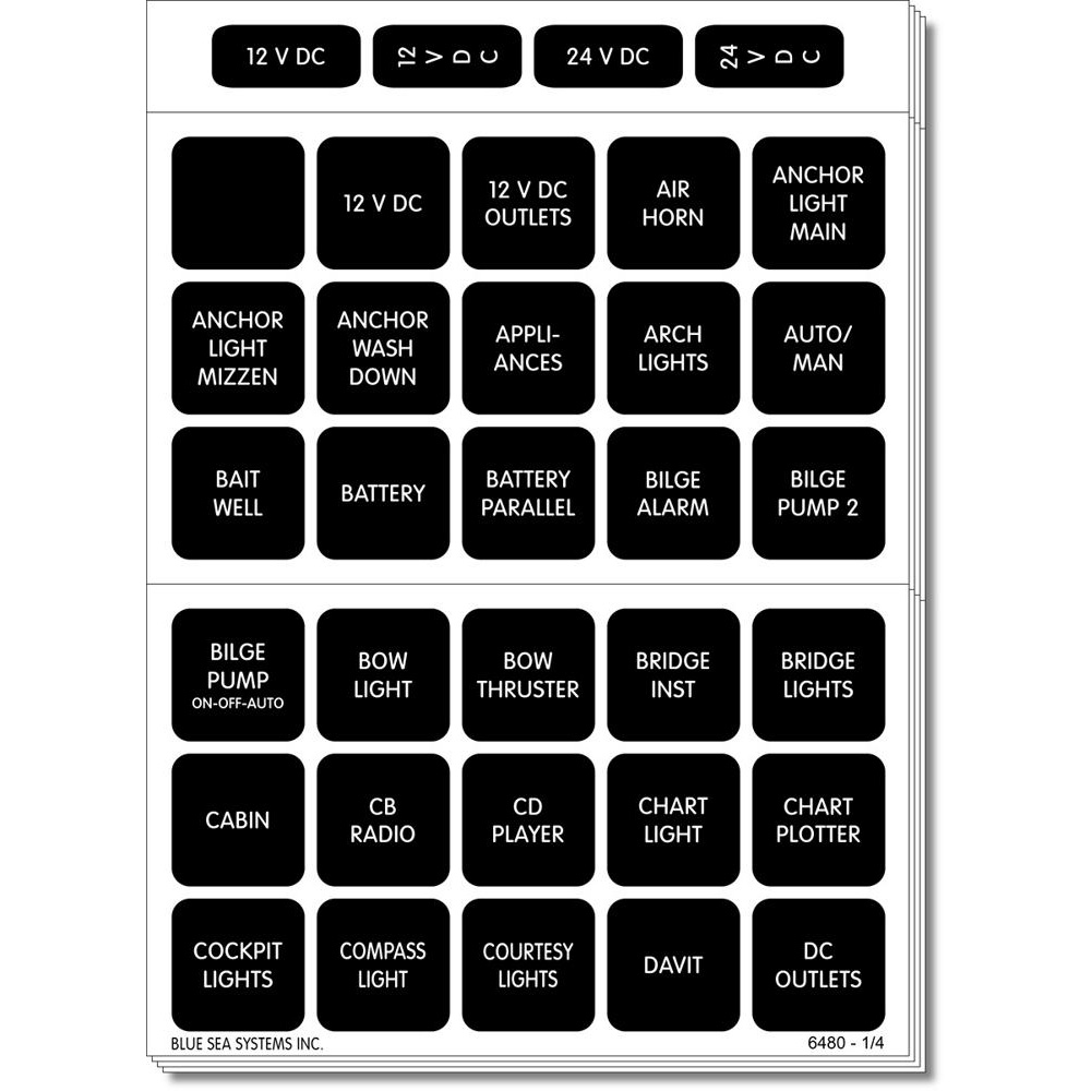 Blue Sea 4218 Square Format Label Set for Battery Management Panels – 30 Blue Sea 4218 Square Format Label Set for Battery Management Panels – 30