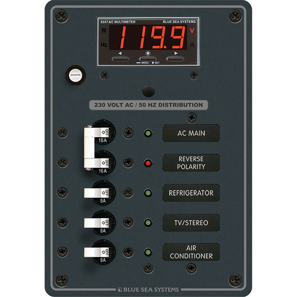 Blue Sea 8505 AC Main + Branch A-Series Toggle Circuit Breaker Panel (230V) – Main + 3 Position Blue Sea 8505 AC Main + Branch A-Series Toggle Circuit Breaker Panel (230V) – Main + 3 Position