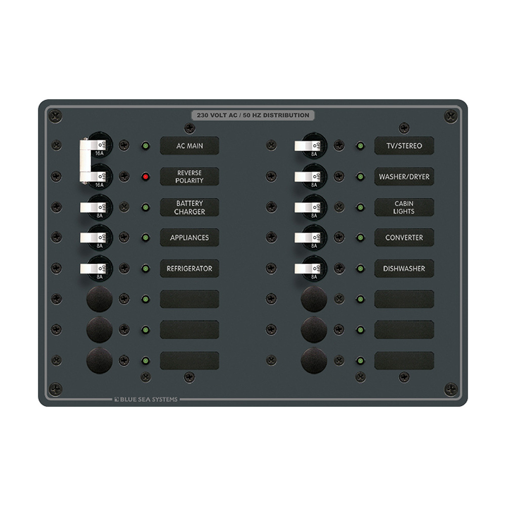 Blue Sea 8564 Breaker Panel – AC Main + 14 Positions (European) – White Blue Sea 8564 Breaker Panel – AC Main + 14 Positions (European) – White