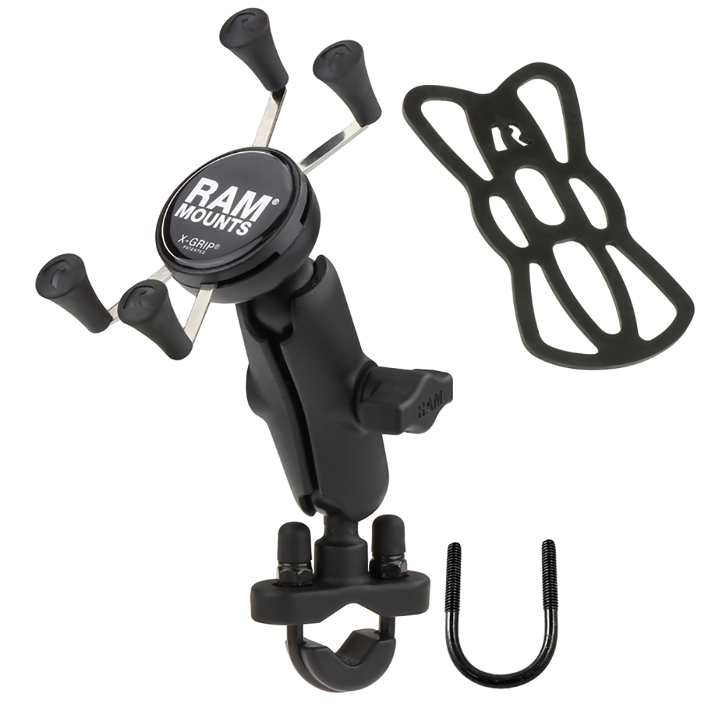RAM Mount Handlebar Rail Mount w/Zinc Coated U-Bolt Base and Universal X-Grip® Cell/iPhone Cradle RAM Mount Handlebar Rail Mount w/Zinc Coated U-Bolt Base and Universal X-Grip® Cell/iPhone Cradle