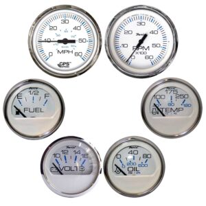 Faria Chesapeake White w/Stainless Steel Bezel Boxed Set of 6 – Speed, Tach, Fuel Level, Voltmeter, Water Temperature & Oil PSI – Inboard Motors