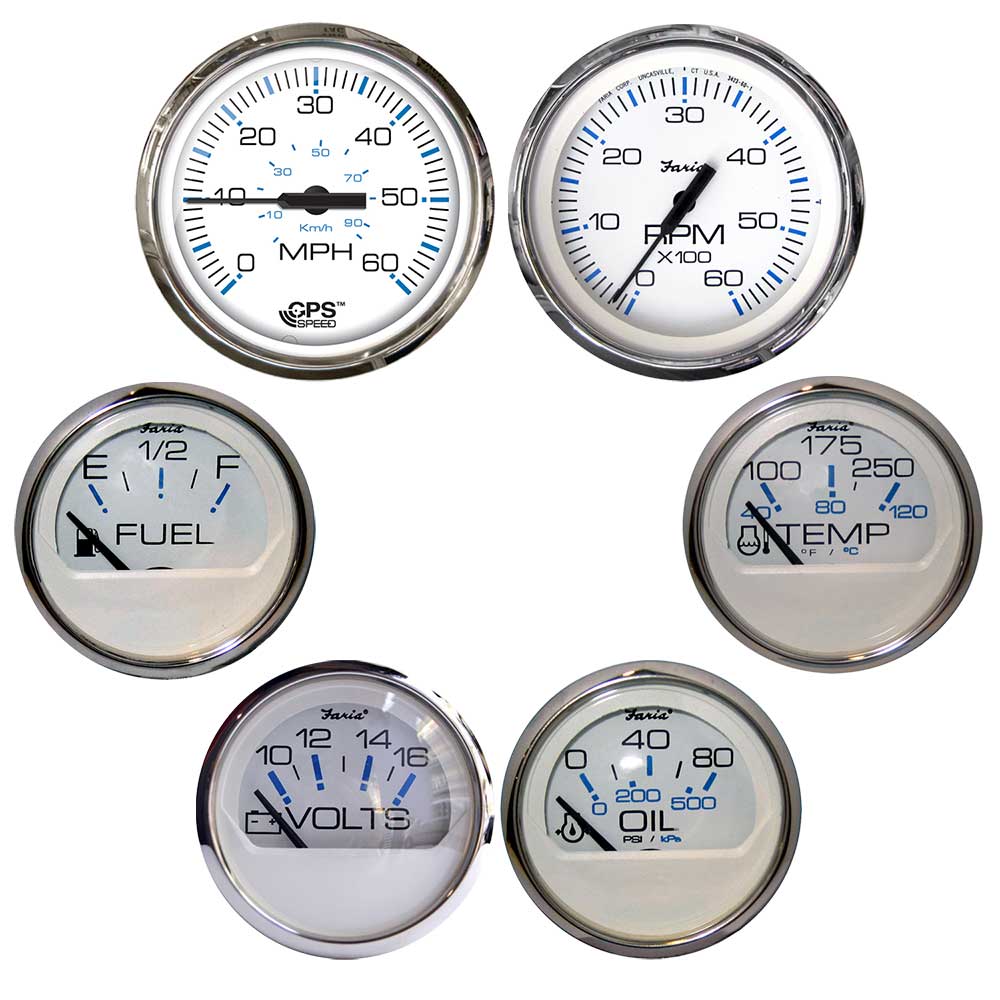 Faria Chesapeake White w/Stainless Steel Bezel Boxed Set of 6 – Speed, Tach, Fuel Level, Voltmeter, Water Temperature & Oil PSI – Inboard Motors Faria Chesapeake White w/Stainless Steel Bezel Boxed Set of 6 – Speed, Tach, Fuel Level, Voltmeter, Water Temperature & Oil PSI – Inboard Motors
