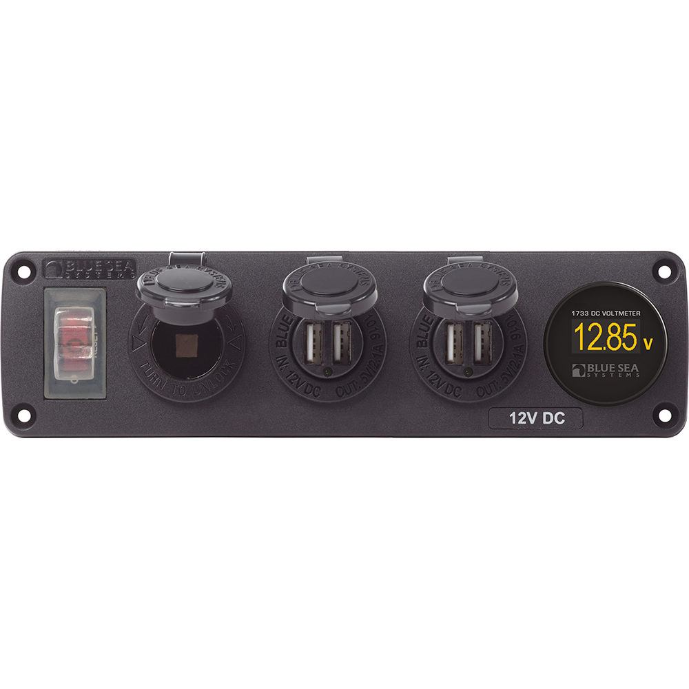 Blue Sea 4368 Water Resistant USB Accessory Panel – 12V Socket, 2x 2.1A Dual USB Chargers, Mini Voltmeter Blue Sea 4368 Water Resistant USB Accessory Panel – 12V Socket, 2x 2.1A Dual USB Chargers, Mini Voltmeter