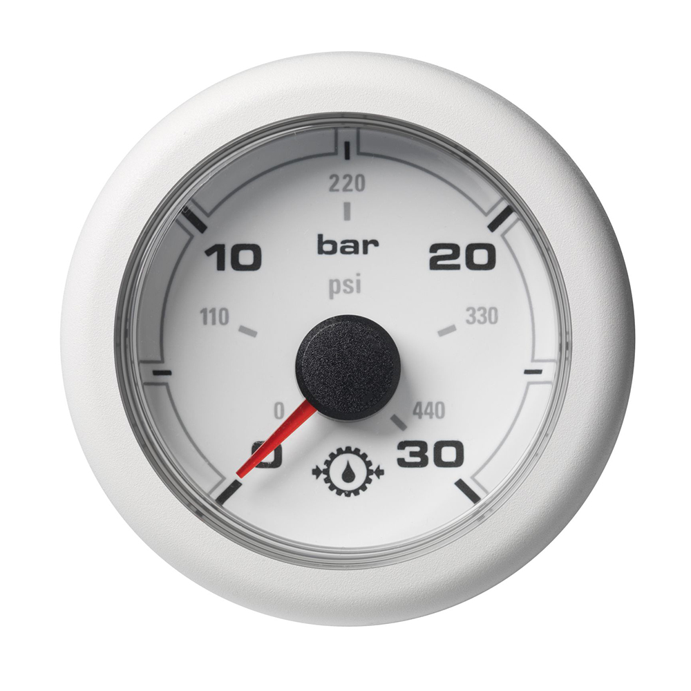 Veratron 52MM (2-1/16″) OceanLink Transmission Oil Pressure Gauge – 30 Bar/440 PSI – White Dial & Bezel Veratron 52MM (2-1/16″) OceanLink Transmission Oil Pressure Gauge – 30 Bar/440 PSI – White Dial & Bezel