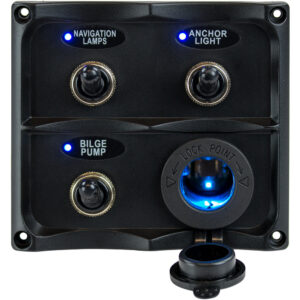 Sea-Dog Water Resistant Toggle Switch Panel w/LED Power Socket – 3 Toggle