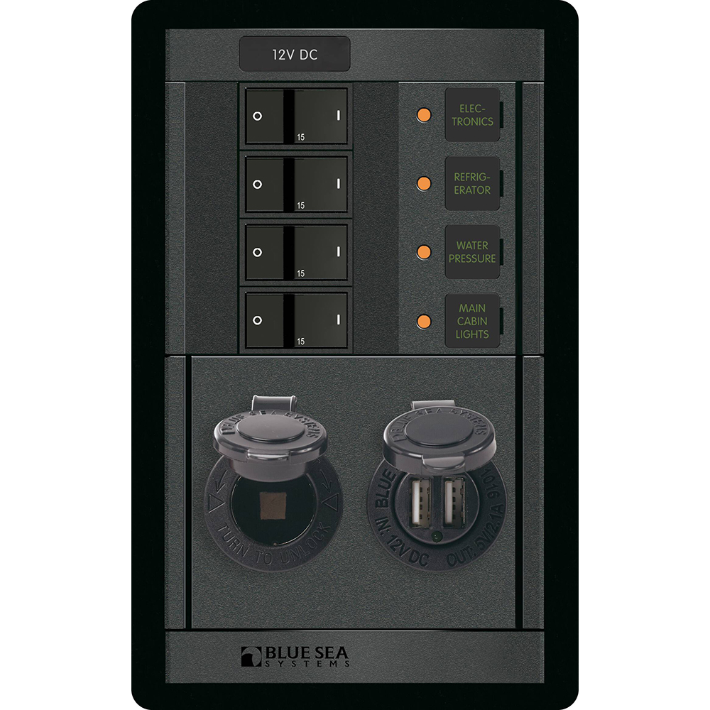 Blue Sea 1495 – 360 Panel – 4 Position 12V w/Dual USB & 12V Socket Blue Sea 1495 – 360 Panel – 4 Position 12V w/Dual USB & 12V Socket
