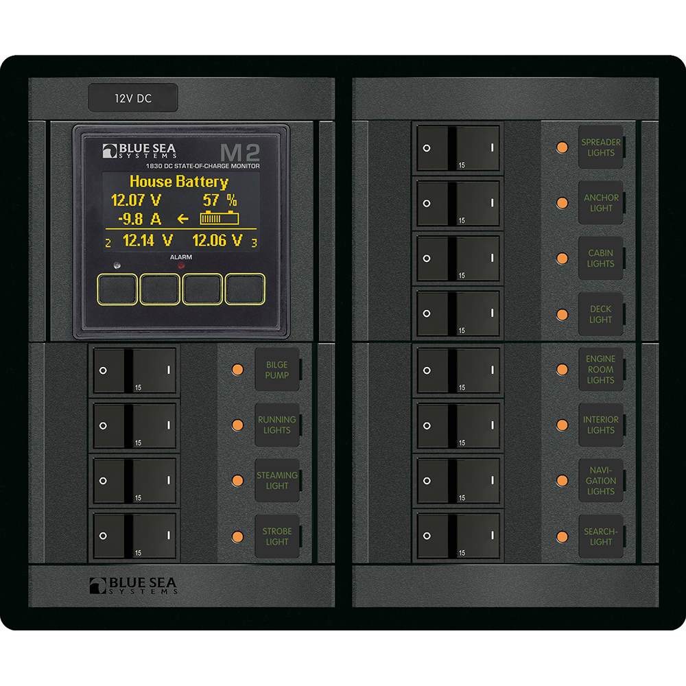 Blue Sea 1496 – 360 Panel – 12 Position 12V Flat Rocker M2 Multimeter w/SOC Blue Sea 1496 – 360 Panel – 12 Position 12V Flat Rocker M2 Multimeter w/SOC