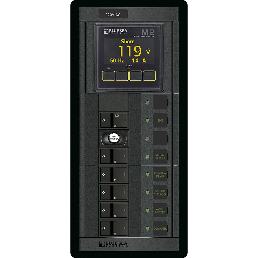Blue Sea 1504 – 360 Panel – ELCI + 5 Position 120V AC Flat Rocker w/M2 AC Multimeter Blue Sea 1504 – 360 Panel – ELCI + 5 Position 120V AC Flat Rocker w/M2 AC Multimeter