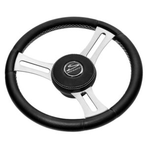 Schmitt Marine Torcello Elite 14″ Wheel – Black Leather & Cap – White Stitching – Polished SS Spokes – 3/4″ Tapered Shaft
