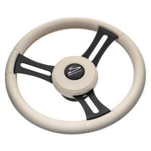 Schmitt Marine Torcello Elite 14″ Wheel – Beige Leather & Cap – White Stitching – Black SS Spokes – 3/4″ Tapered Shaft
