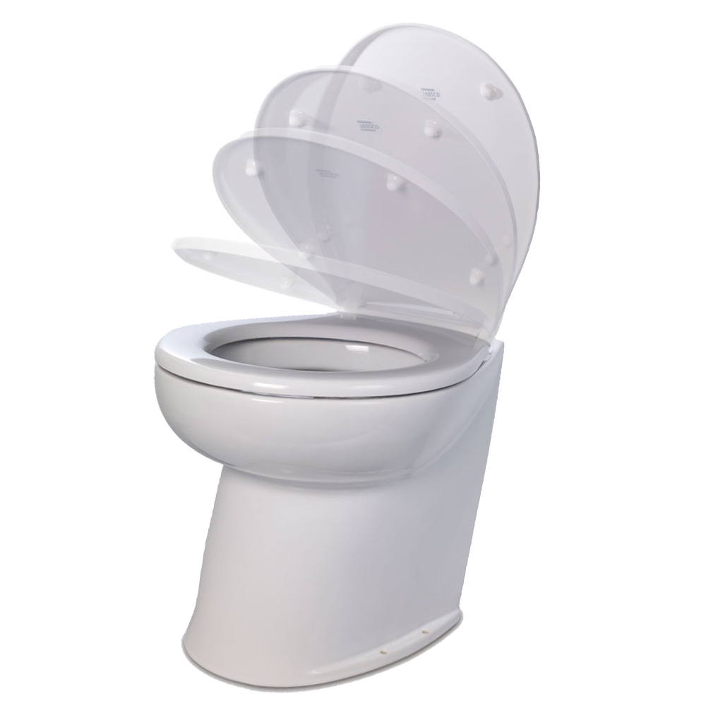 Jabsco Deluxe Flush 17″ Angled Back 24V Raw Water Electric Marine Toilet w/Remote Rinse Pump & Soft Close Lid Jabsco Deluxe Flush 17″ Angled Back 24V Raw Water Electric Marine Toilet w/Remote Rinse Pump & Soft Close Lid