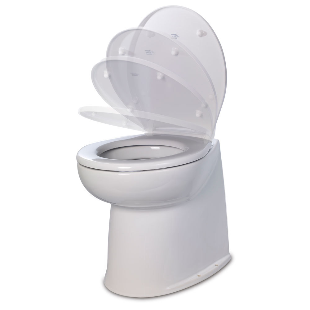 Jabsco Deluxe Flush 14″ Straight Back 24V Raw Water Electric Marine Toilet w/Remote Rinse Pump & Soft Close Lid Jabsco Deluxe Flush 14″ Straight Back 24V Raw Water Electric Marine Toilet w/Remote Rinse Pump & Soft Close Lid
