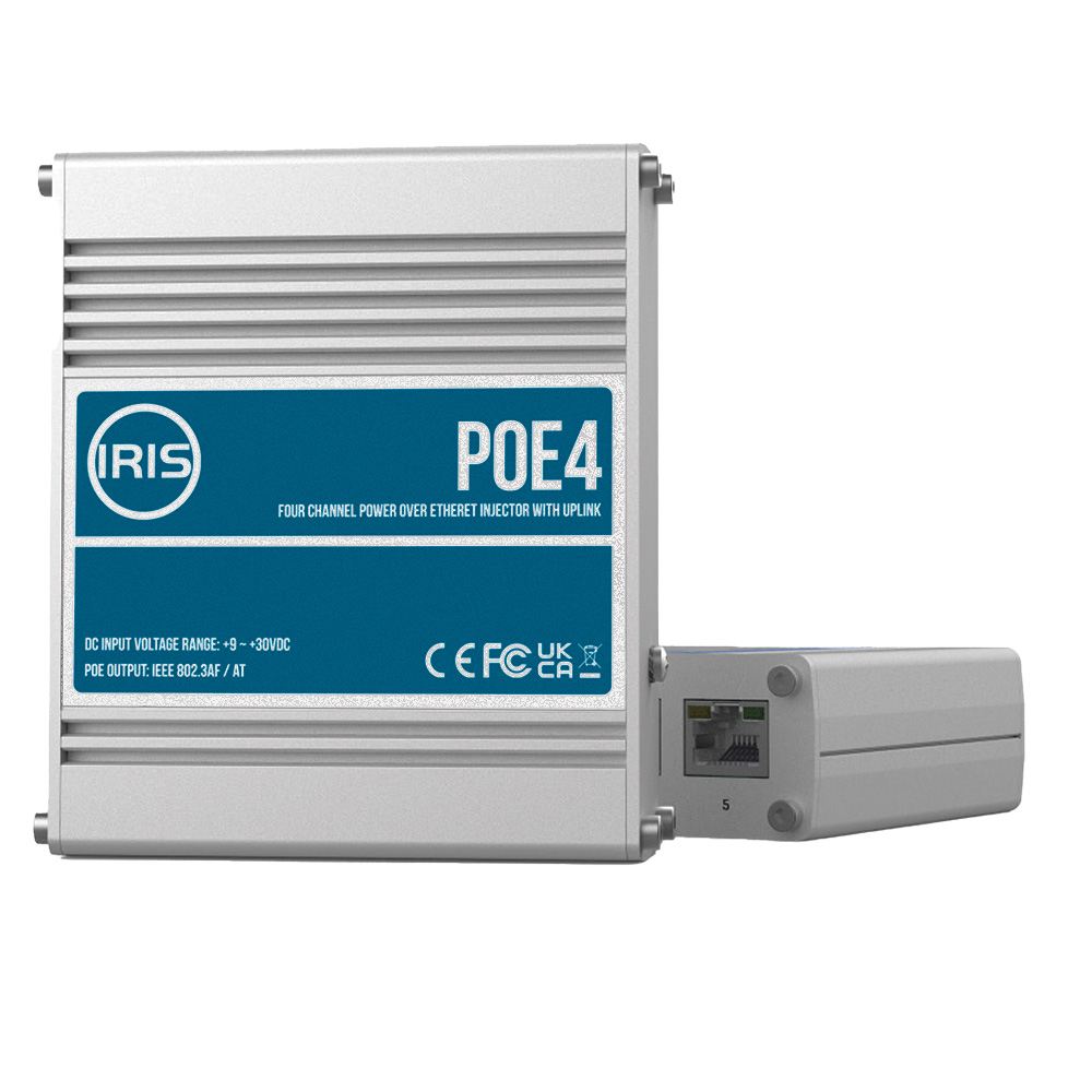 Iris Four Channel Uplink Power Over Ethernet Switch – IEEE802.3af & 3at Compliant – 9-30VDC Input – 48VDC Output Iris Four Channel Uplink Power Over Ethernet Switch – IEEE802.3af & 3at Compliant – 9-30VDC Input – 48VDC Output